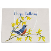 Birthday Blue Red Bird op tak Flowers Groot Cadeauzakje (Voorkant)