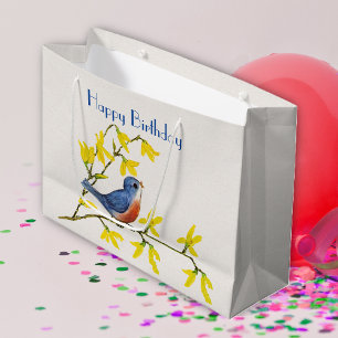 Birthday Blue Red Bird op tak Flowers Groot Cadeauzakje