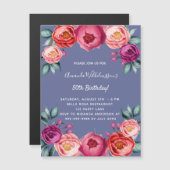 Birthday blue roze floral magnet uitnodiging (Voorkant / Achterkant)