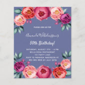 Birthday blue roze florale begrotingsuitnodiging (Voorkant)