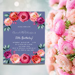 Birthday blue roze florale begrotingsuitnodiging<br><div class="desc">Een elegante uitnodiging voor een 50e (of om het even welke leeftijd) verjaardagsfeestje. Met stomheid roze,  paarse en goudkleurige bloemen met roos als decoratie. Een trendy blauwe achtergrond. De naam wordt geschreven met een handgeschreven stijlmanuscript met letters.</div>