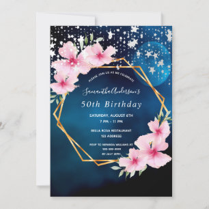 Birthday blue roze florals gouden meetkundige ster kaart