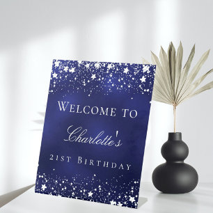 Birthday Blue Silver Reclamebord Met Voetstuk