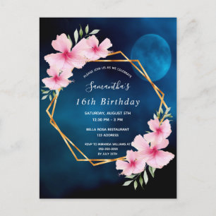 Birthday blue sky maan roze florals briefkaart