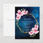 Birthday blue sky maan roze florals briefkaart (Voorkant / Achterkant)