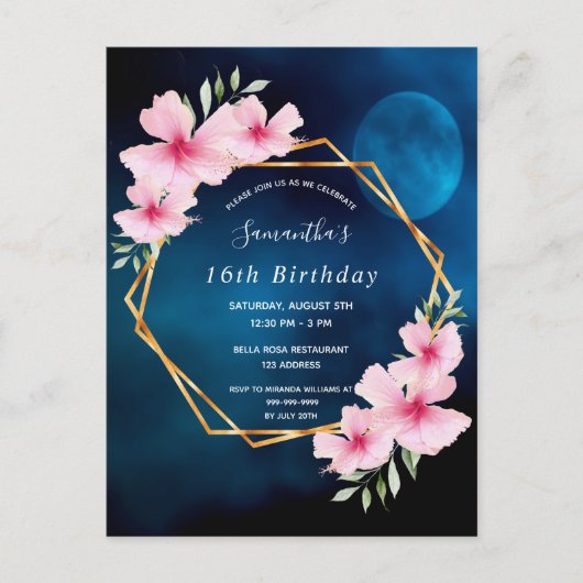 Birthday blue sky maan roze florals briefkaart (Voorkant)