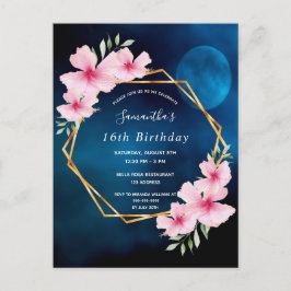 Birthday blue sky maan roze florals briefkaart