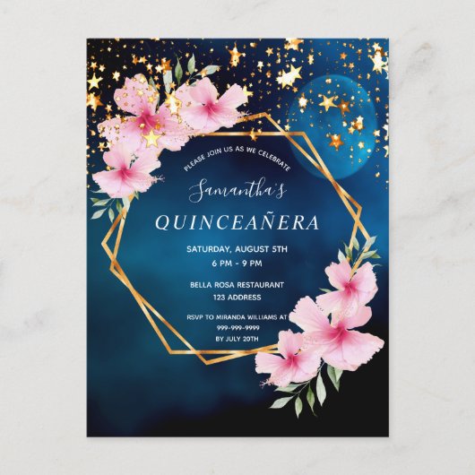 Birthday blue sky maan sterren roze floralen briefkaart (Voorkant)