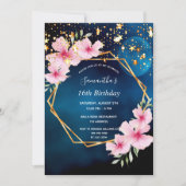 Birthday blue sky sterren goudroze roze floraal kaart (Voorkant)