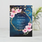 Birthday blue sky sterren goudroze roze floraal kaart (Staand voorkant)