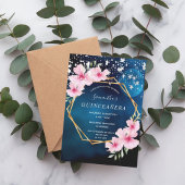 Birthday blue sky sterren roze floraal goud geomet kaart