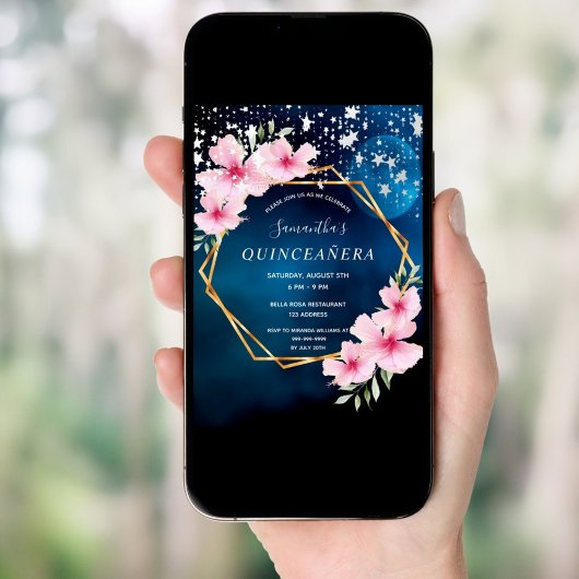 Birthday blue sky sterren roze floraal goud geomet kaart