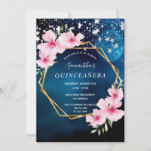 Birthday blue sky sterren roze floraal goud geomet kaart (Voorkant)