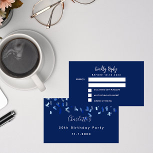 Birthday blue white confetti party RSVP Informatiekaartje