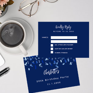Birthday blue white confetti party RSVP Kaartje
