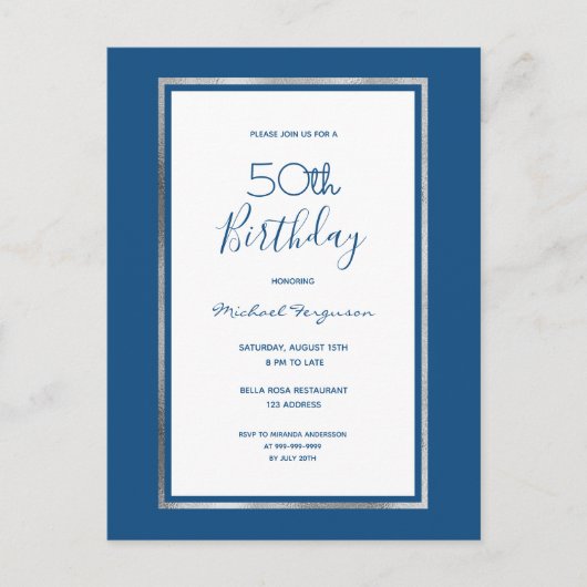 Birthday blue white zilverelegant uitnodiging (Voorkant)