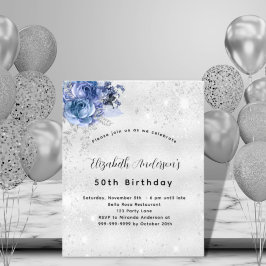 Birthday blue zilveren florals uitnodiging voor be flyer