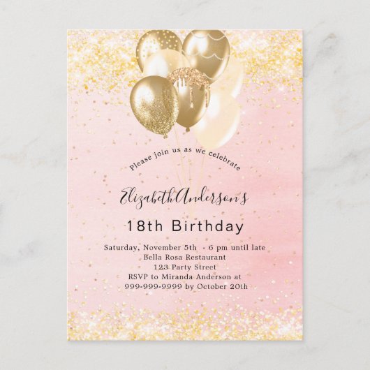 Birthday blush goudballonnen uitnodiging briefkaart (Voorkant)