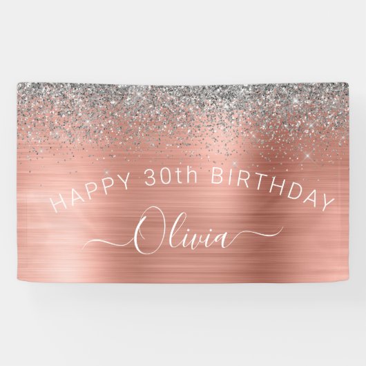 Birthday Blush Pink Rose Gold Silver Glitter Spandoek (Horizontaal)