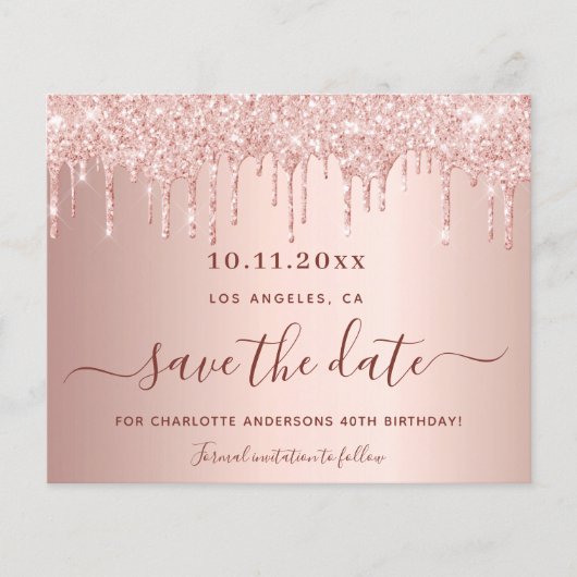 Birthday blush roos glitter budget Opslaan Datum Flyer (Voorkant)