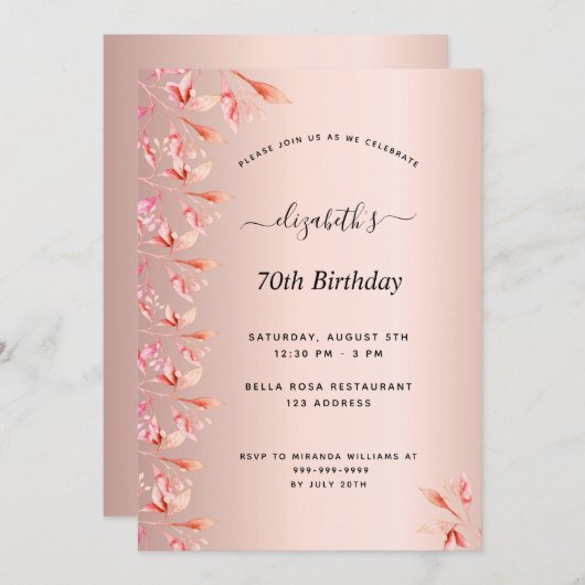 Birthday blush roos gold florals kaart (Voorkant / Achterkant)