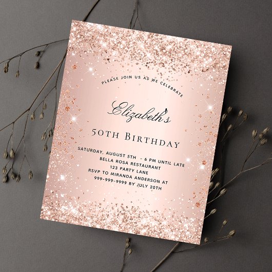 Birthday blush roos gold glitter budget uitnodigin flyer
