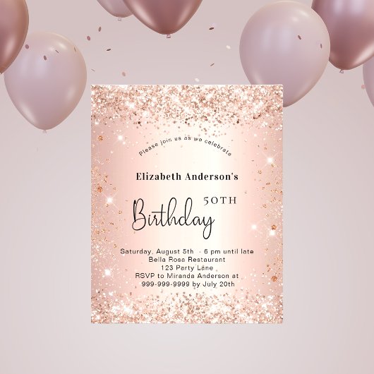 Birthday blush roos gold glitter budget uitnodigin flyer