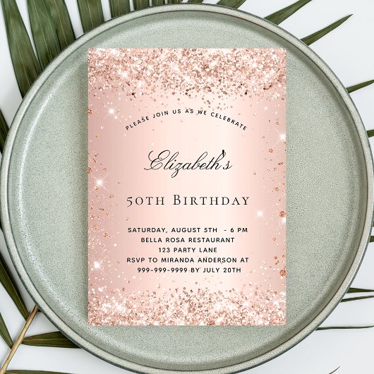 Birthday blush roos Gold glitter elegant script Kaart