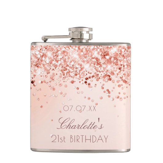Birthday blush roos gold glitter monogram heupfles (Voorkant)