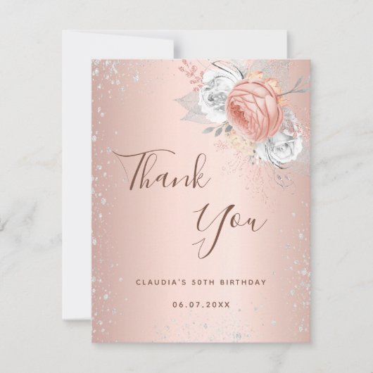Birthday blush roos gold Silver Glitter floral Bedankkaart (Voorkant)