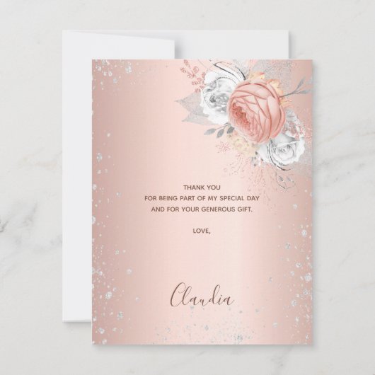Birthday blush roos gold Silver Glitter floral Bedankkaart (Achterkant)