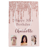 Birthday blush roos goud glitter druppelt foto medium cadeauzakje (Voorkant)
