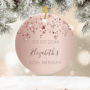 Birthday blush roos gouden glanzende sterren glitt keramisch ornament