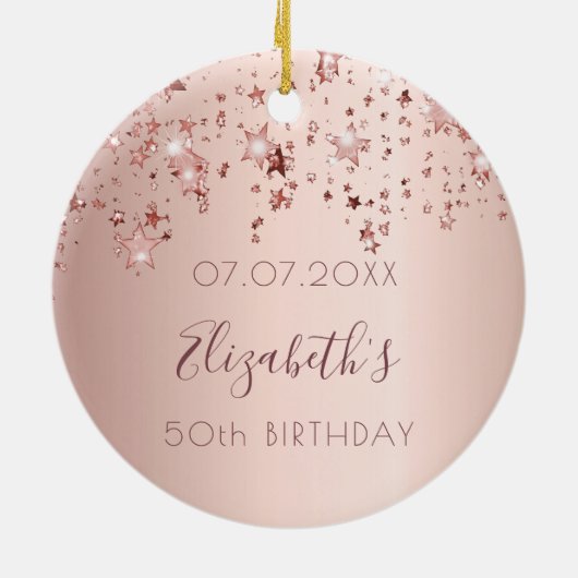 Birthday blush roos gouden glanzende sterren glitt keramisch ornament (Achterkant)