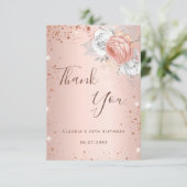 Birthday blush roos goudglitterstof floralen bedankkaart (Staand voorkant)