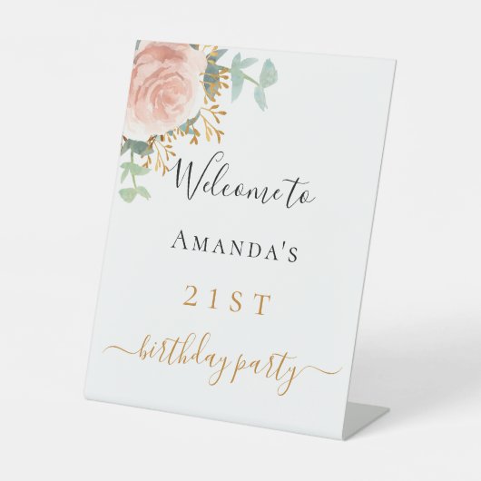 Birthday blush roze florale eucalyptus Welkom Reclamebord Met Voetstuk (Voorkant)