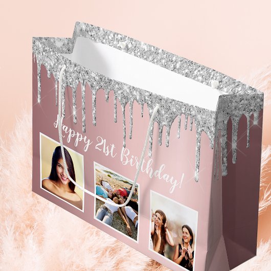 Birthday blush roze glitter aangepaste foto zilver groot cadeauzakje