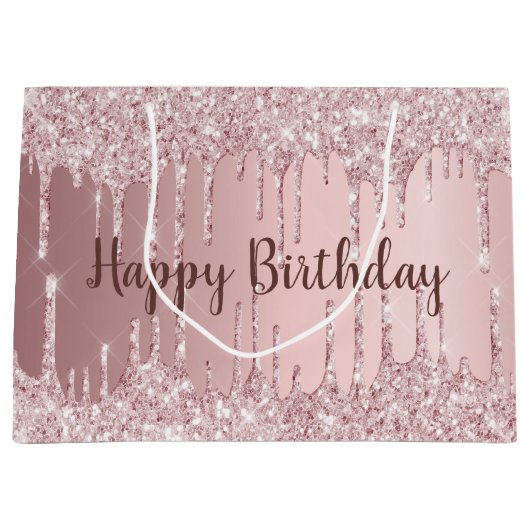 Birthday blush roze glitter druppelt glamoureus groot cadeauzakje (Voorkant)