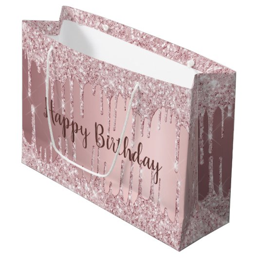 Birthday blush roze glitter druppelt glamoureus groot cadeauzakje (Voorkant Gekanteld)
