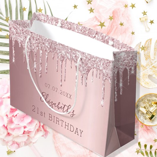 Birthday blush roze glitter druppelt monogram naam groot cadeauzakje
