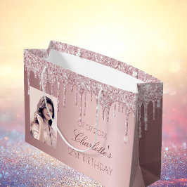 Birthday blush roze glitter druppelt naam foto groot cadeauzakje
