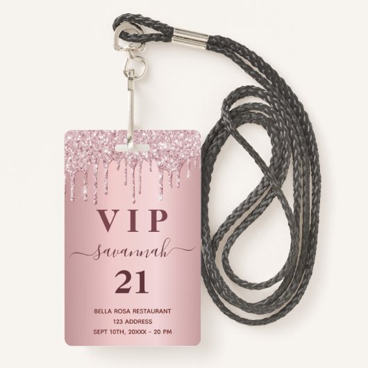 Birthday blush roze glitter druppelt naam vip badge (Voorkant met draagriem)