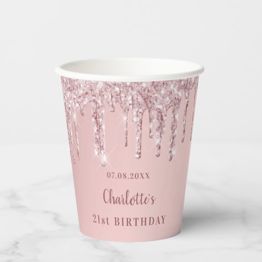 Birthday blush roze glitter monogram papieren bekers (Voorkant)