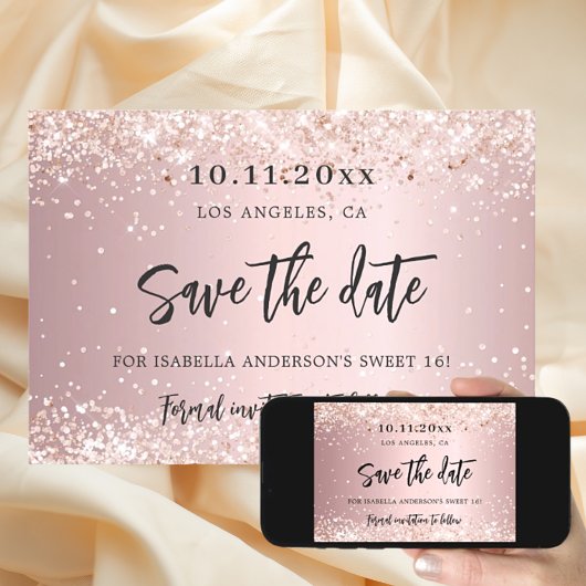 Birthday blush roze glitter party save the date