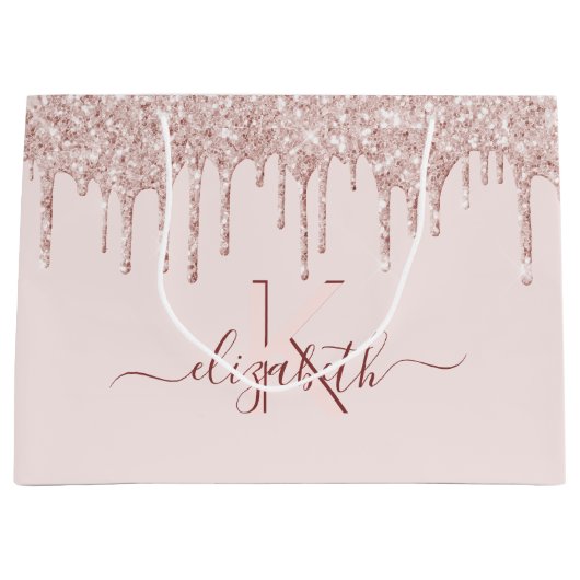 Birthday blush roze glitter roos goudmonogram groot cadeauzakje (Voorkant)