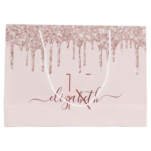 Birthday blush roze glitter roos goudmonogram groot cadeauzakje (Achterkant)