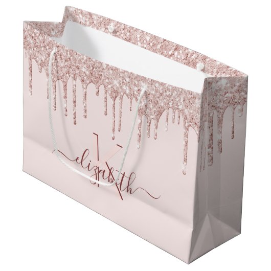 Birthday blush roze glitter roos goudmonogram groot cadeauzakje (Voorkant Gekanteld)
