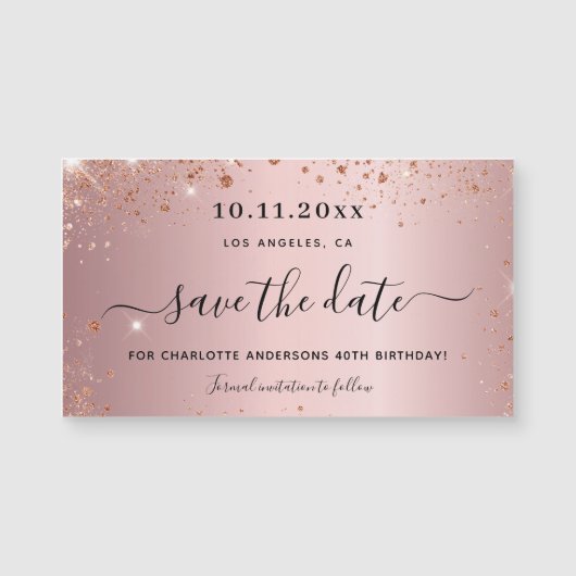Birthday blush roze glitter save the date magnet (Voorkant)
