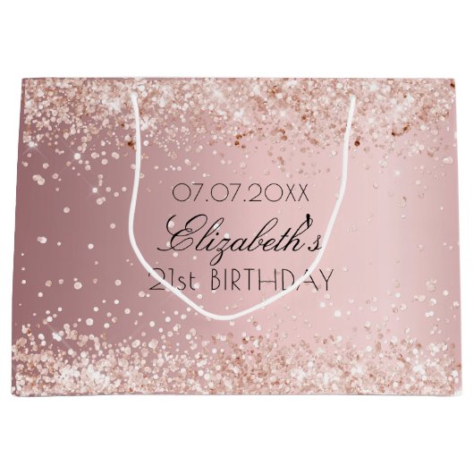 Birthday blush roze glitter stofmonogram groot cadeauzakje (Voorkant)
