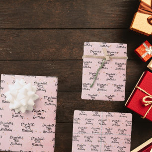 Birthday blush roze goudnaamscript inpakpapier vel